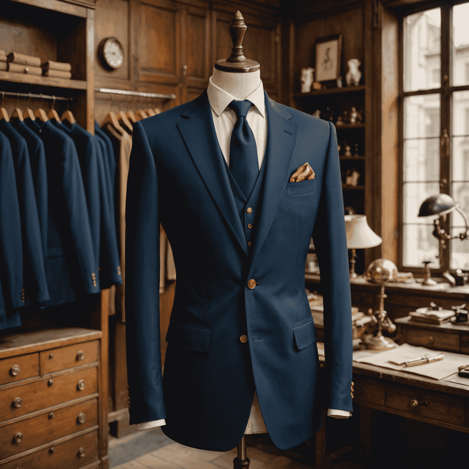 Un elegante traje a medida de color azul marino, con detalles de costura perfectos y botones dorados, sobre un maniquí en un taller de sastrería.