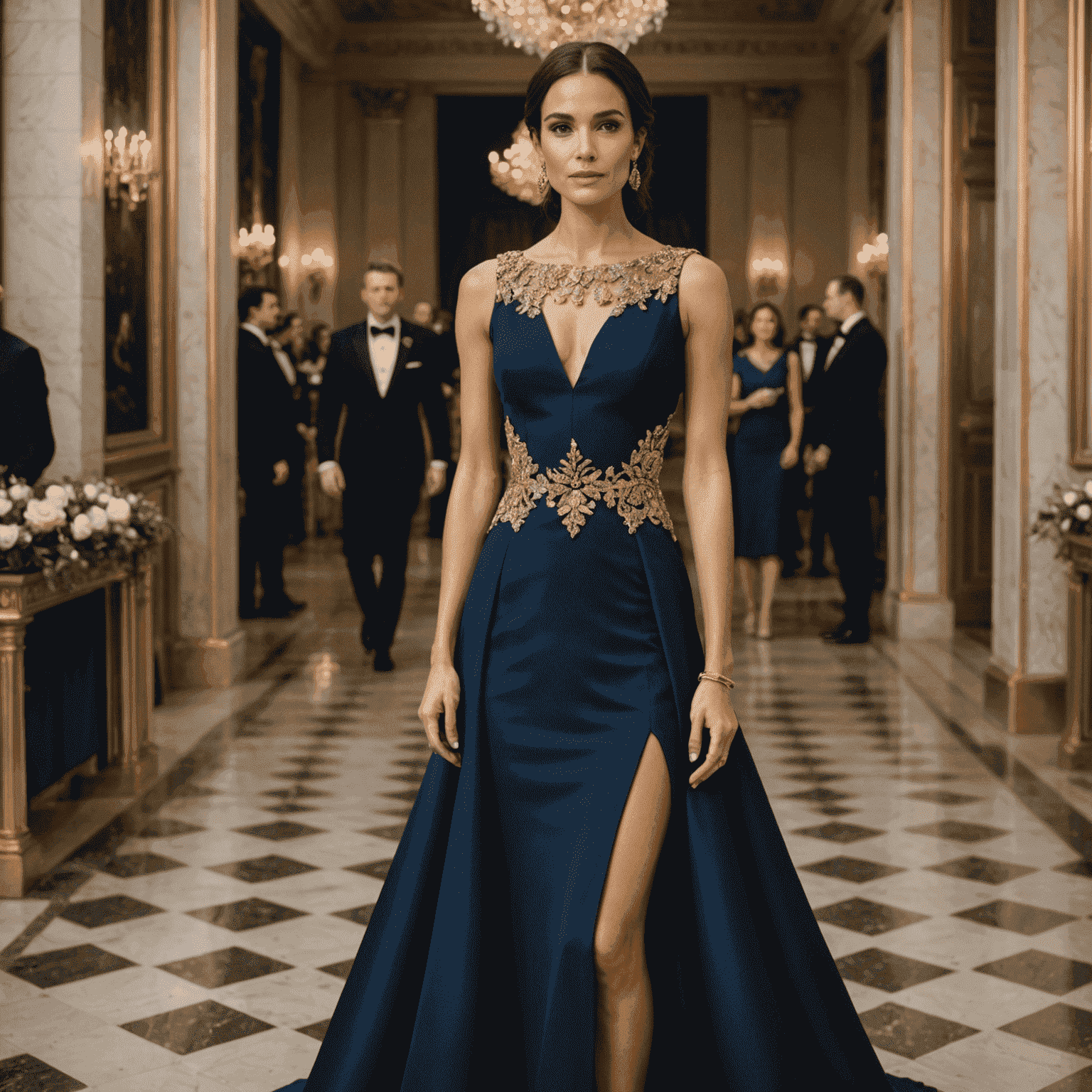 Mujer elegante con un vestido personalizado de color azul marino, con detalles dorados, posando en un evento formal. El vestido tiene un corte ajustado y una falda larga con una abertura lateral.