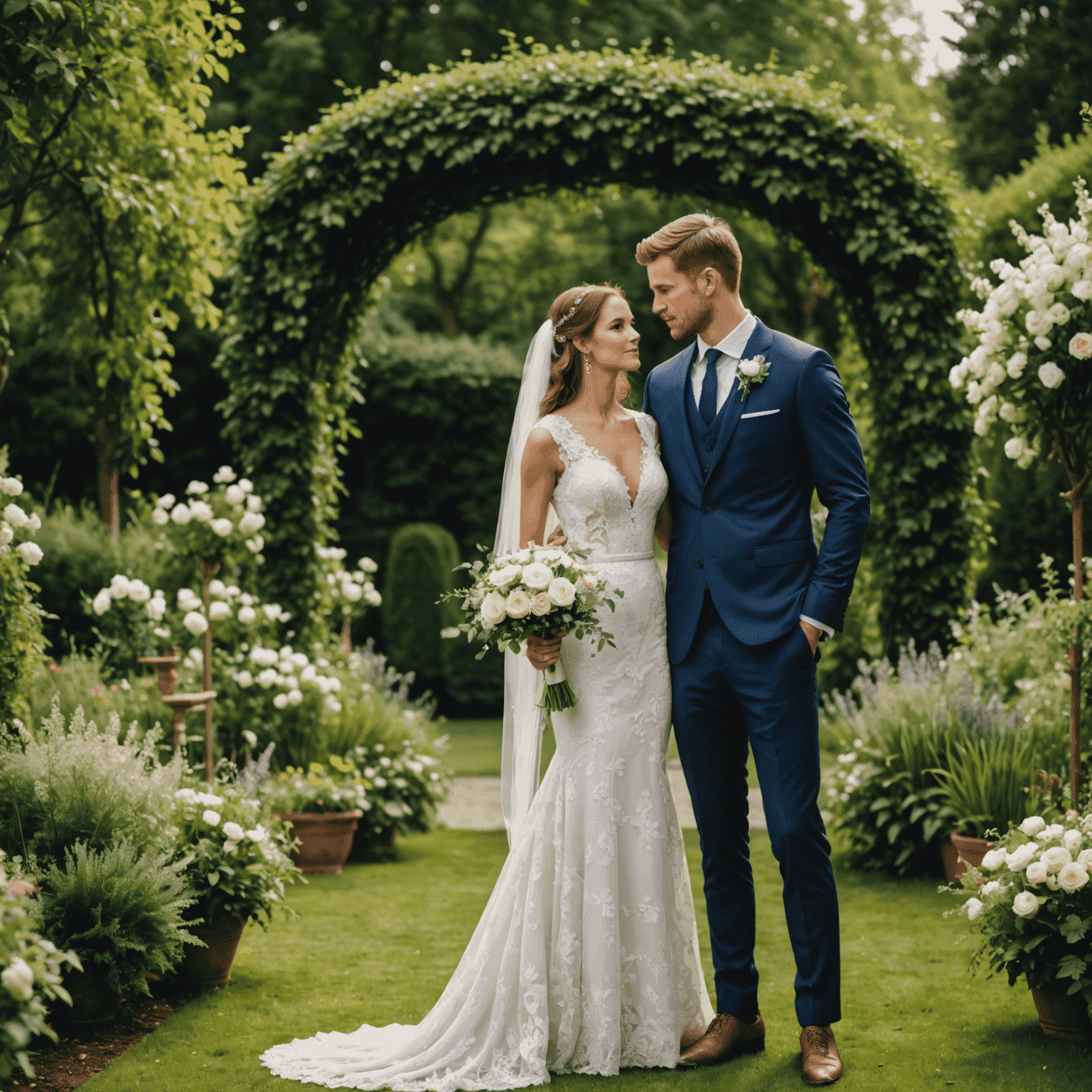 Novia elegante en un vestido de encaje blanco con un velo largo, de pie junto a un novio en un traje azul marino a medida, en un hermoso jardín