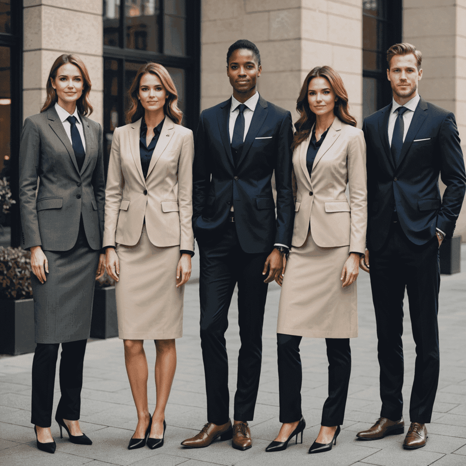 Grupo de profesionales vistiendo uniformes corporativos elegantes y a medida, mostrando una variedad de estilos para diferentes roles en la empresa