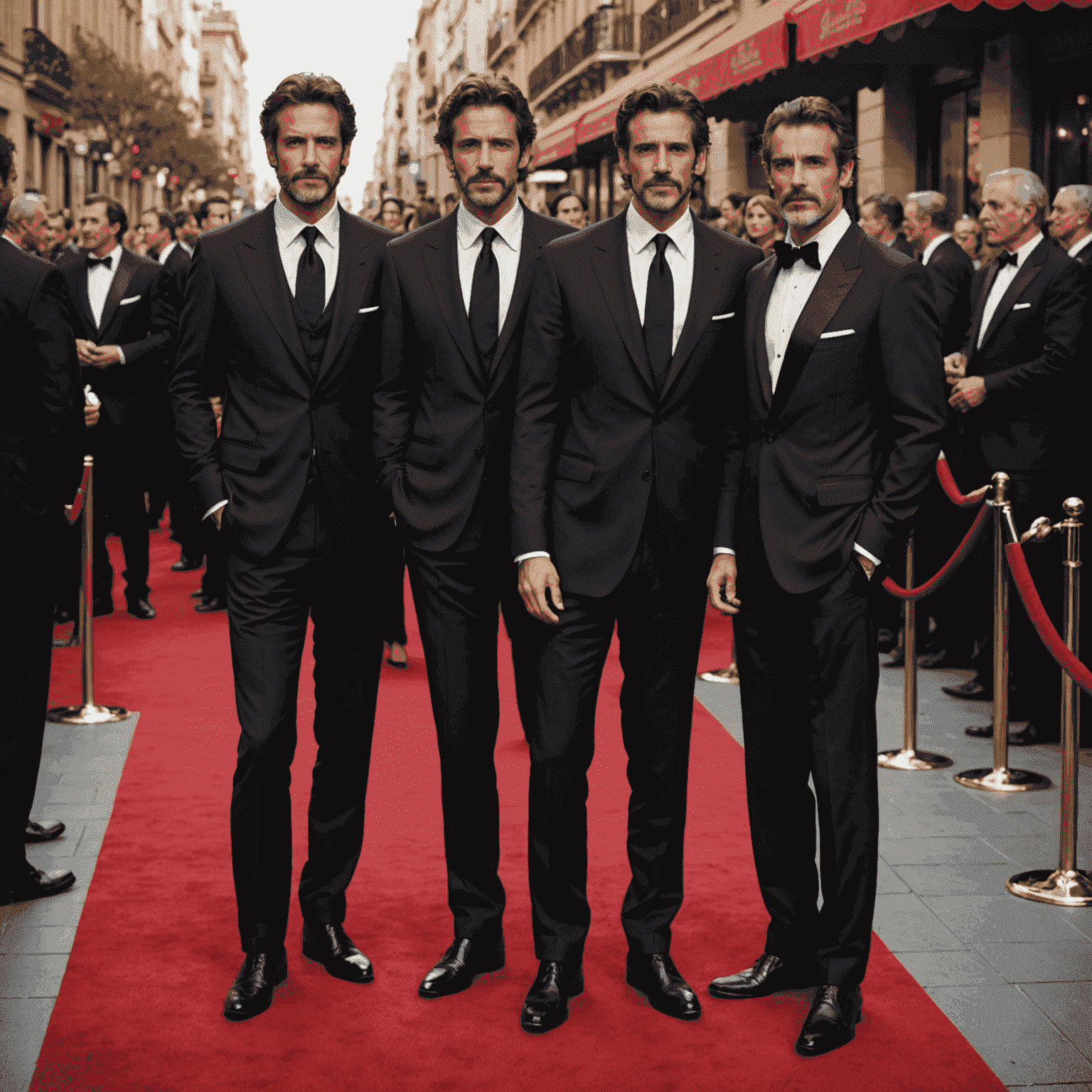 Imagen de actores españoles famosos vistiendo trajes a medida elegantes en una alfombra roja de cine