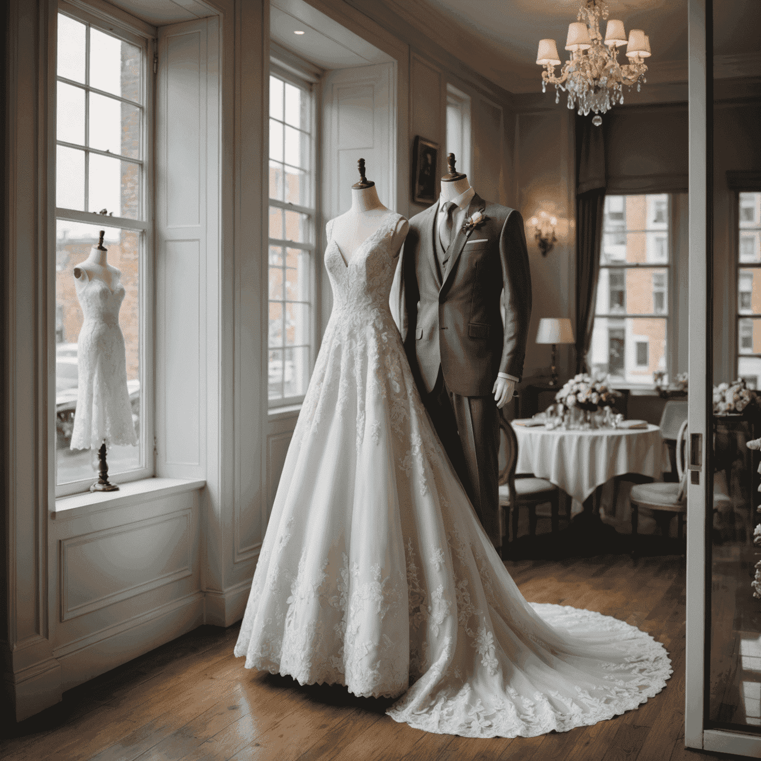 Un elegante vestido de novia blanco y un traje de novio gris, ambos a medida, exhibidos juntos en un escaparate de una boutique de bodas.