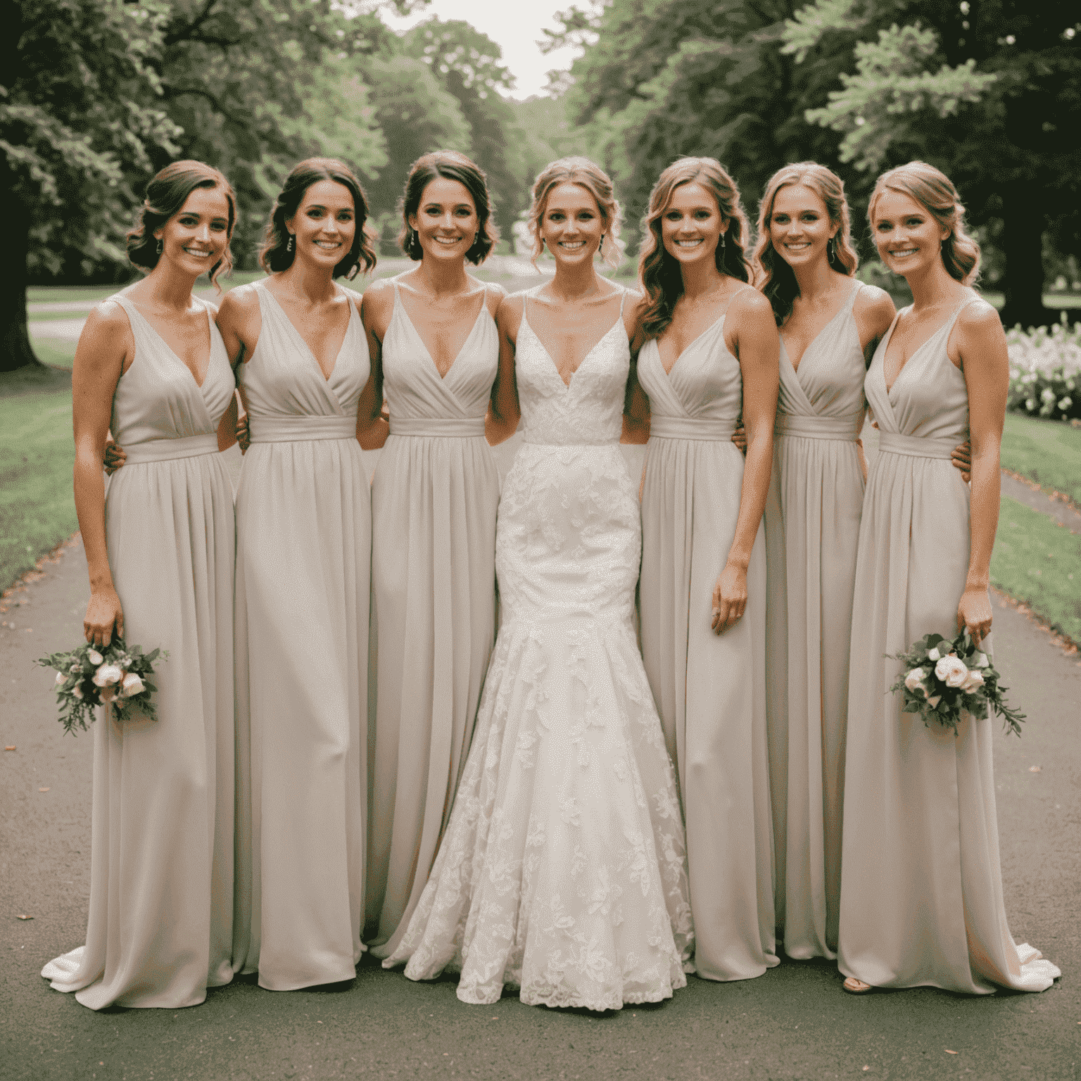 Grupo de damas de honor en vestidos coordinados de diferentes estilos y colores